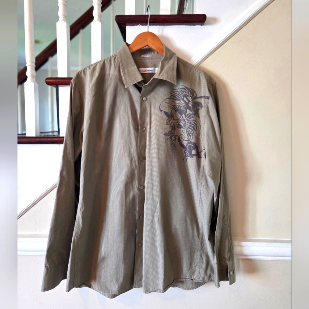 Calvin Klein Olive Button-Up Shirt with Black Dragon Graphic